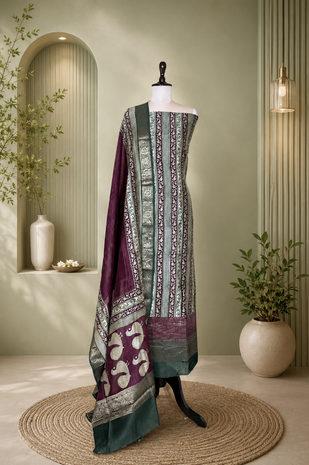 Bottle Green with Wine Hand Block Print with Zari Border Unstitched Suit