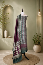 Bottle Green with Wine Hand Block Print with Zari Border Unstitched Suit