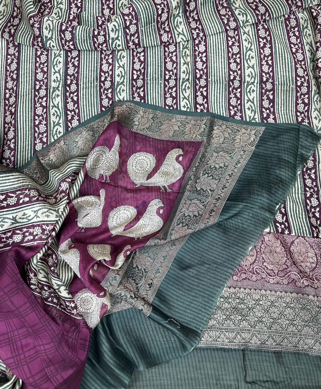 Bottle Green with Wine Hand Block Print with Zari Border Unstitched Suit - Kalamusk LCA068