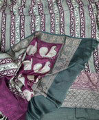 Bottle Green with Wine Hand Block Print with Zari Border Unstitched Suit - Kalamusk LCA068