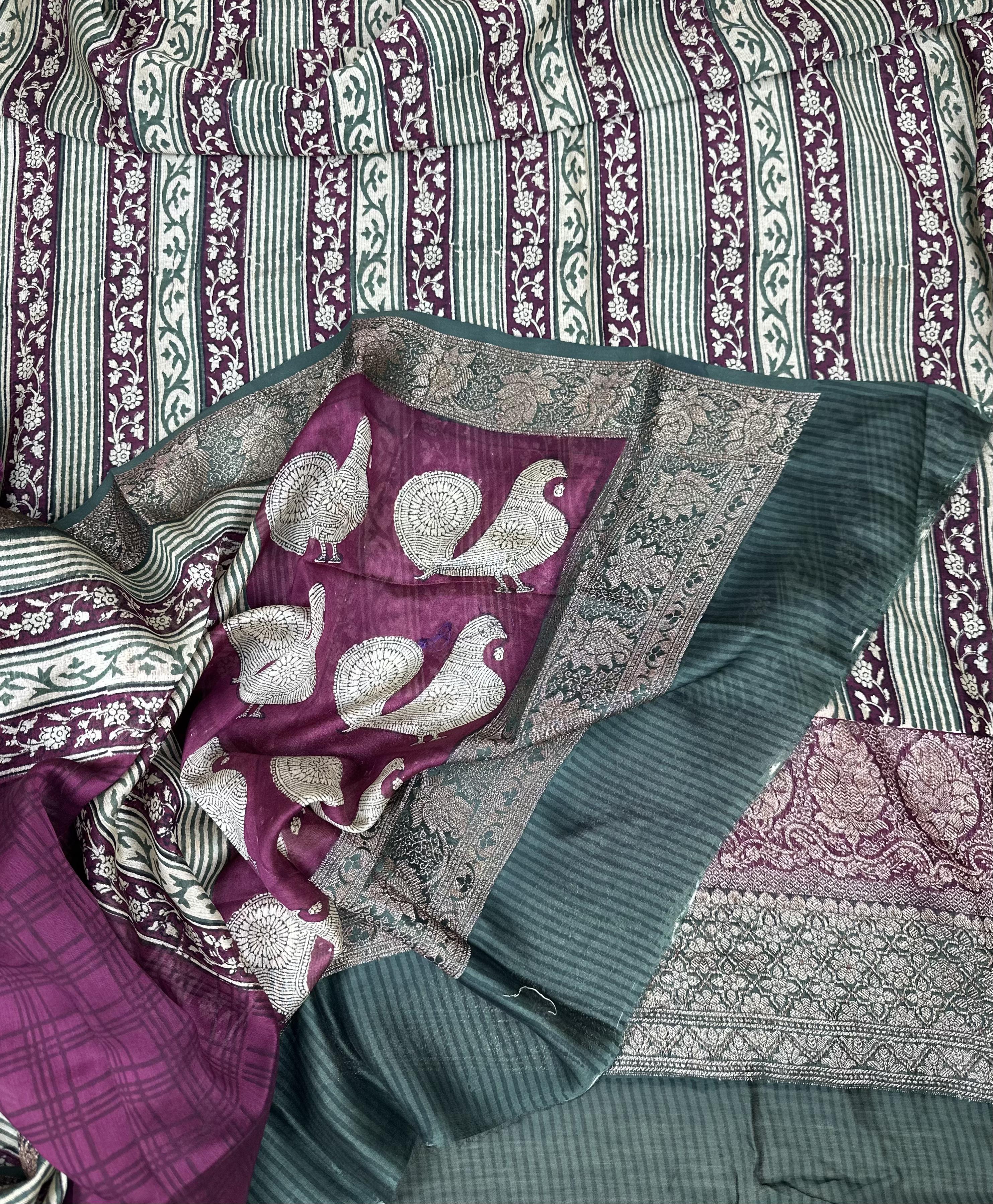 Bottle Green with Wine Hand Block Print with Zari Border Unstitched Suit - Kalamusk LCA068