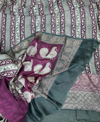 Bottle Green with Wine Hand Block Print with Zari Border Unstitched Suit
