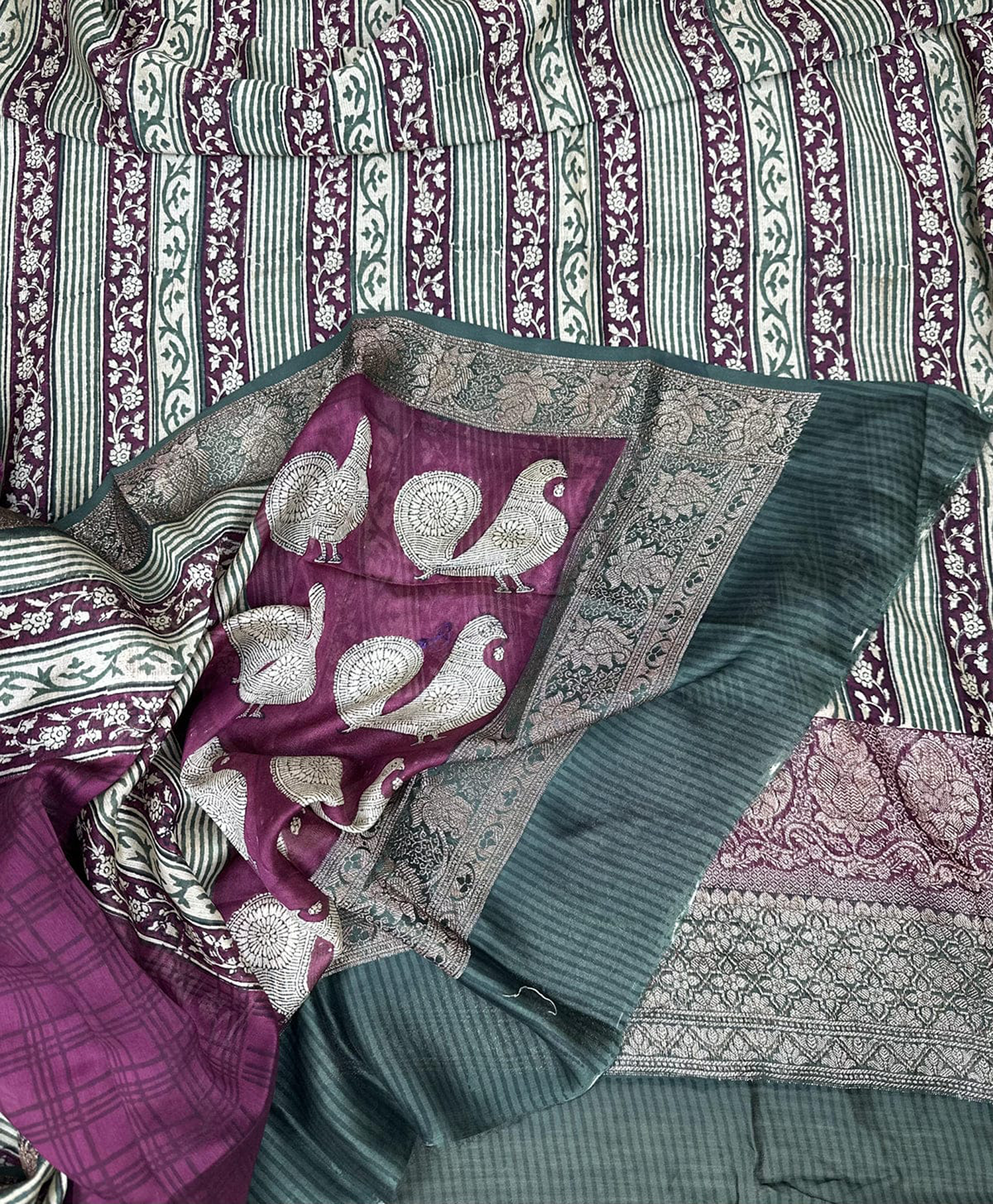 Bottle Green with Wine Hand Block Print with Zari Border Unstitched Suit
