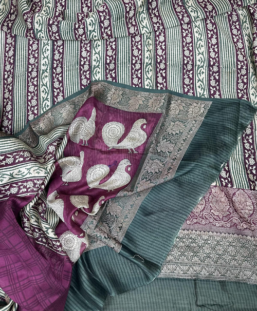 Bottle Green with Wine Hand Block Print with Zari Border Unstitched Suit