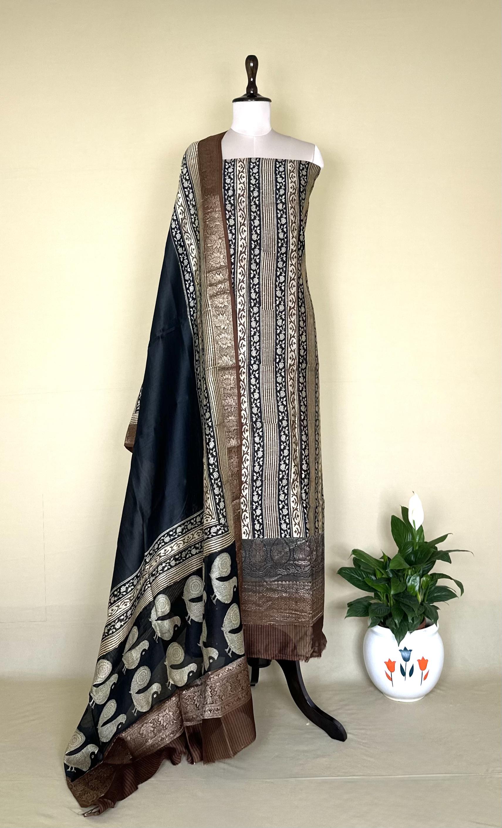 Brown and Black Hand Block Print with Zari Border Unstitched Suit - Kalamusk LCA069