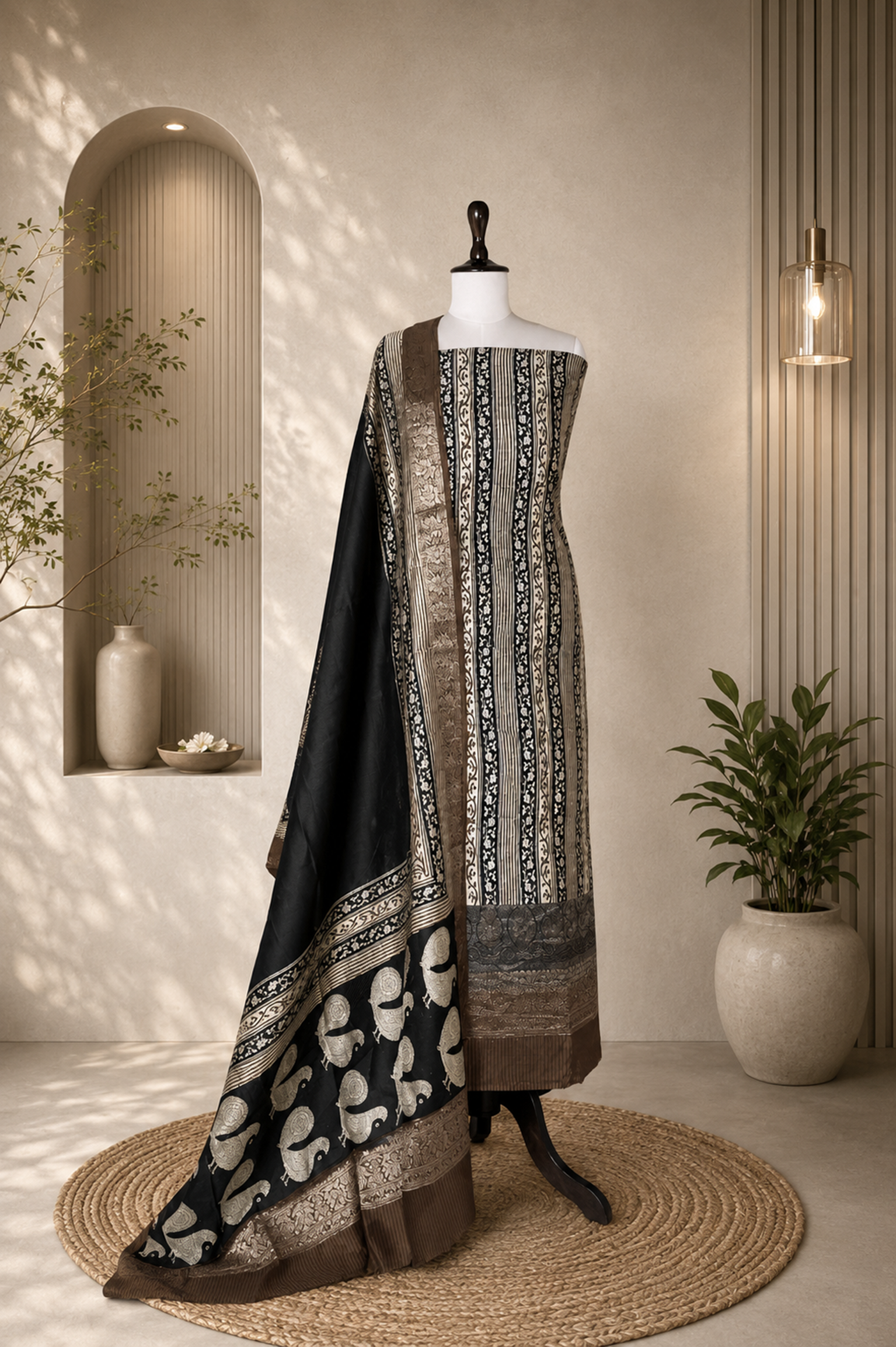 Brown and Black Hand Block Print with Zari Border Unstitched Suit