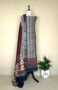 Maroon and Navy Blue Hand Block Print with Zari Border Unstitched Suit - Kalamusk LCA070