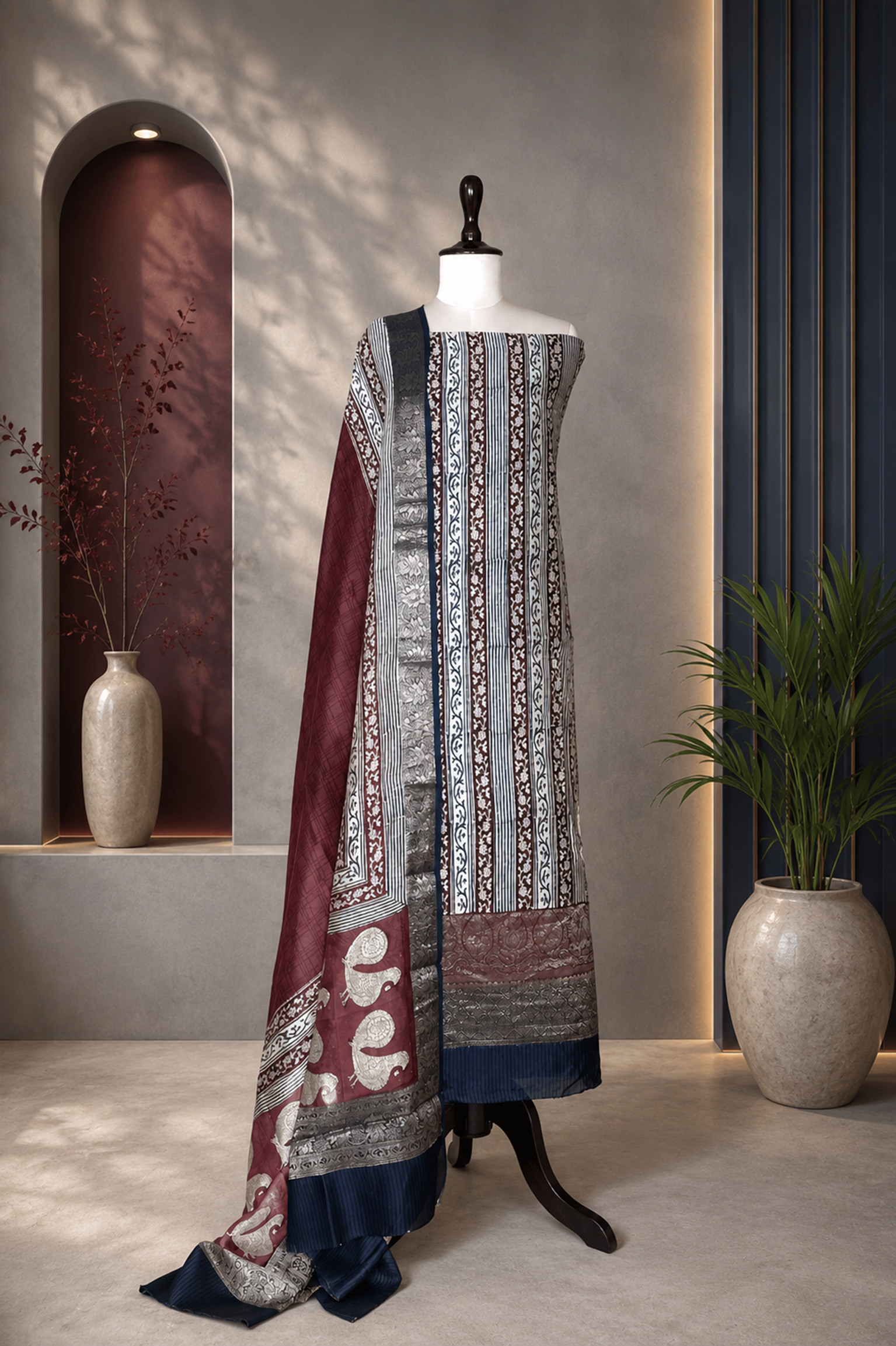 Maroon and Navy Blue Hand Block Print with Zari Border Unstitched Suit