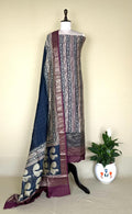 Navy Blue and Wine Hand Block Print with Zari Border Unstitched Suit - Kalamusk LCA071
