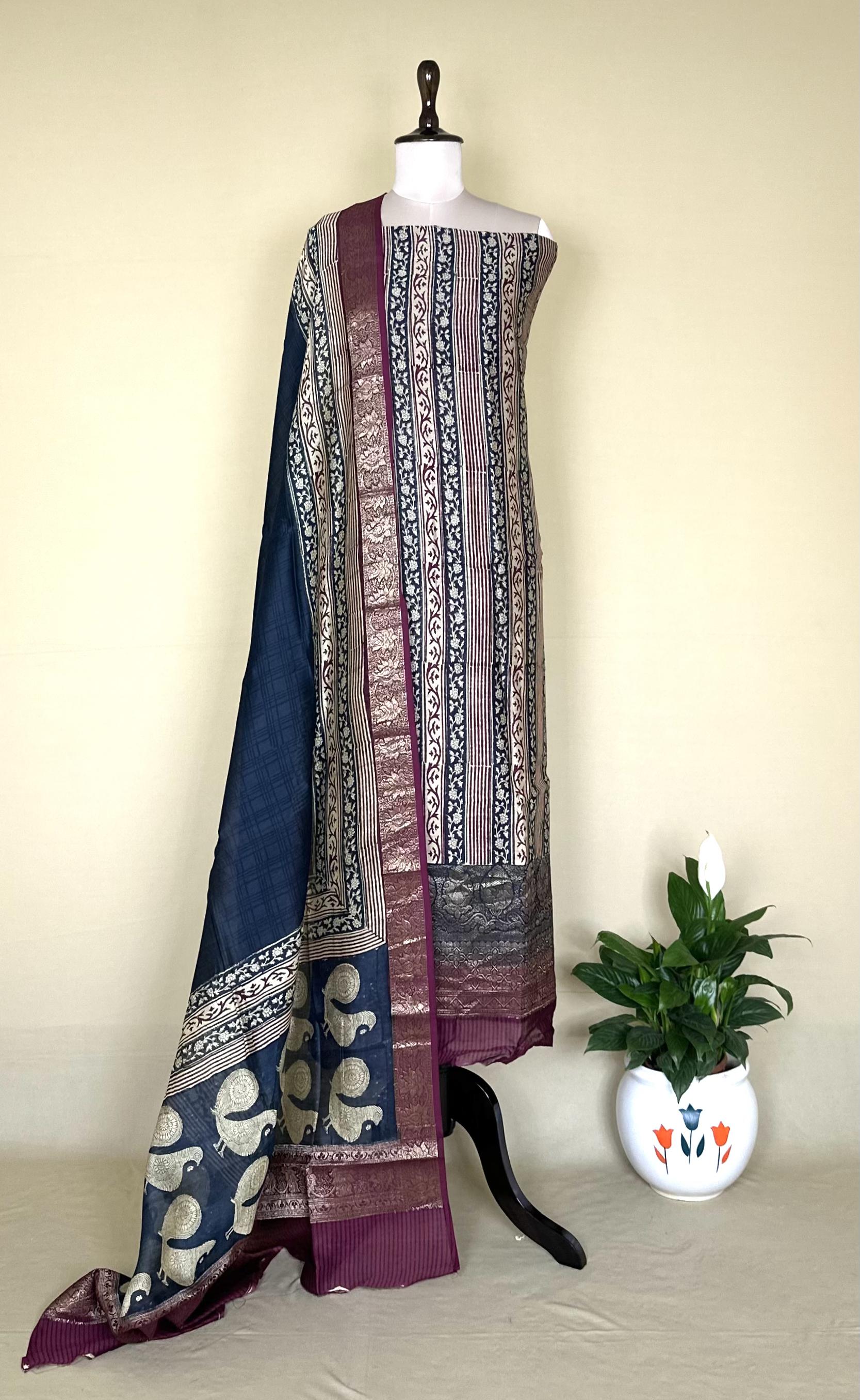 Navy Blue and Wine Hand Block Print with Zari Border Unstitched Suit - Kalamusk LCA071