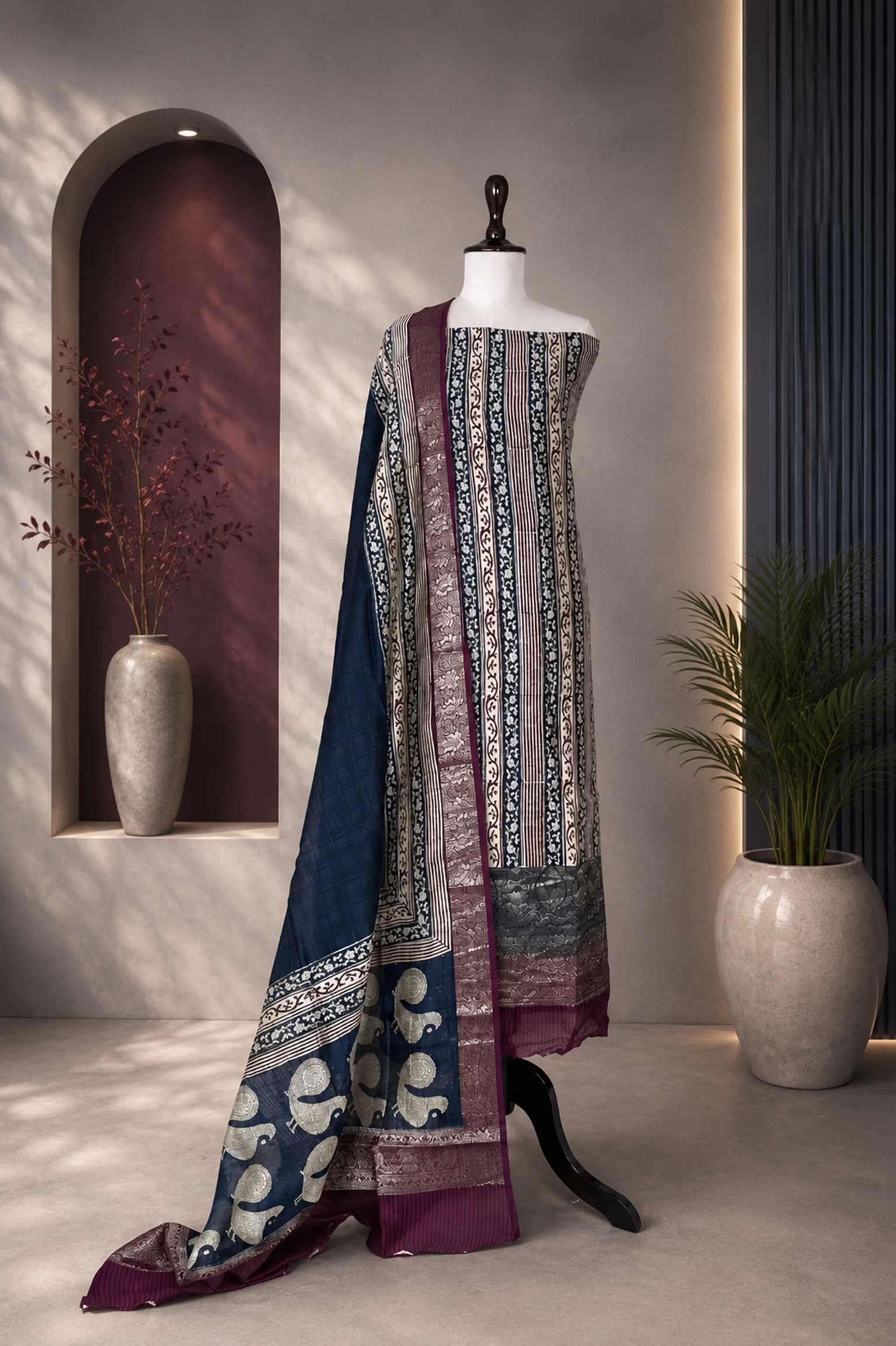 Navy Blue and Wine Hand Block Print with Zari Border Unstitched Suit