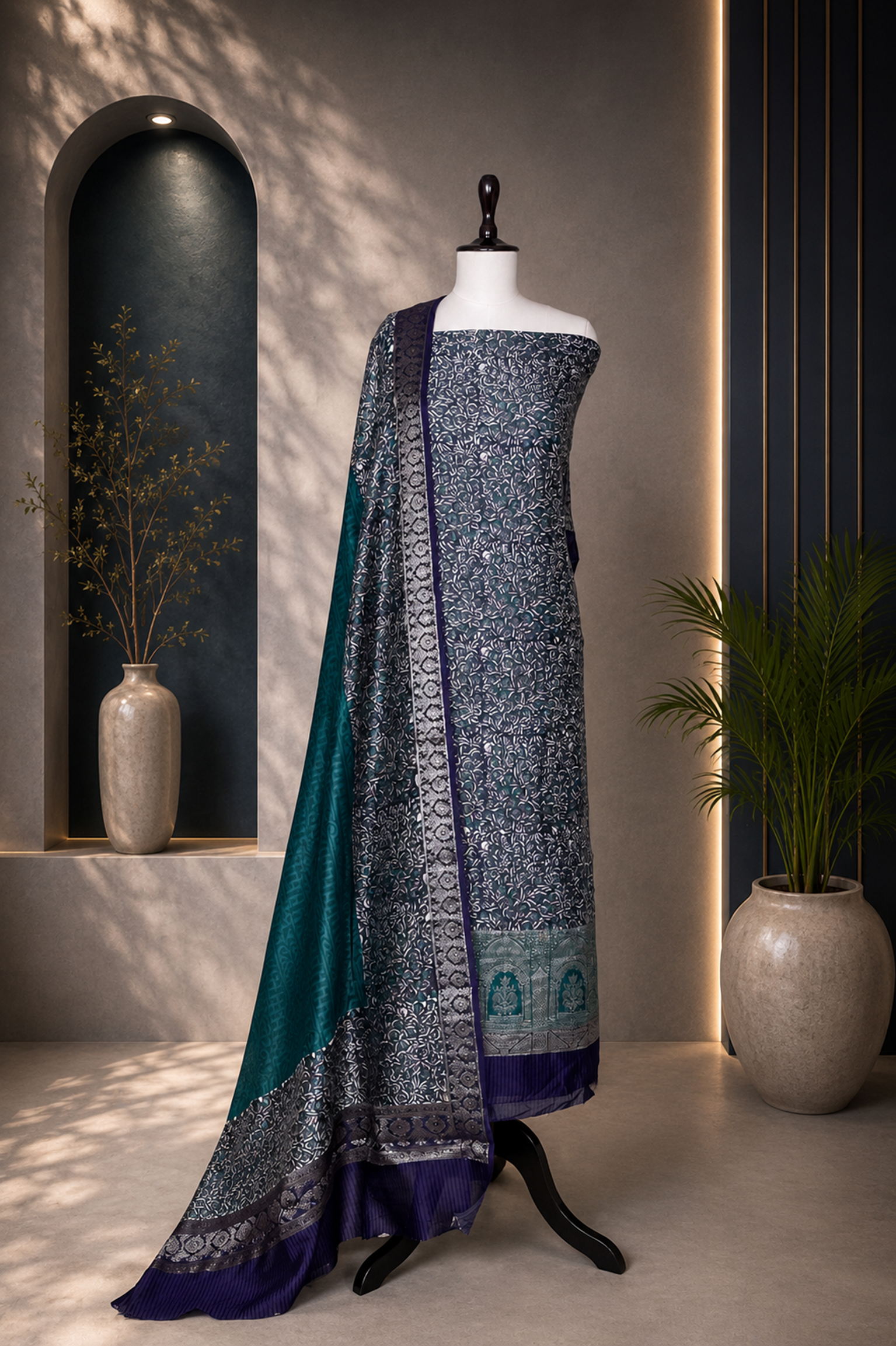Purple and Green Kalamkari Print Handloom Maheshwari Silk with Zari Weaving Border Unstitched Suit