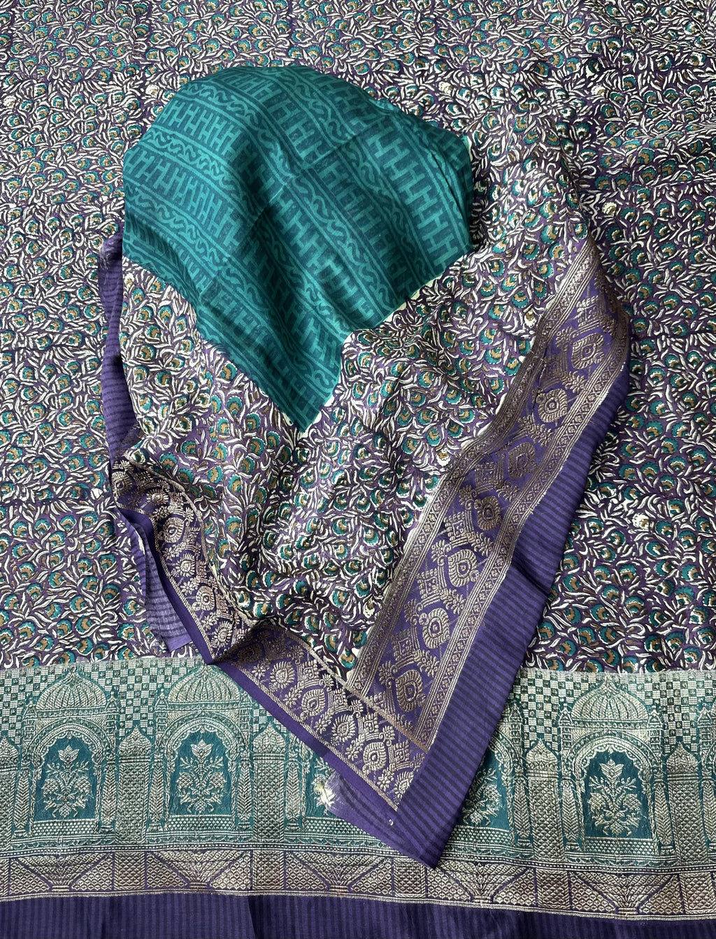 Purple and Green Kalamkari Print Handloom Maheshwari Silk with Zari Weaving Border Unstitched Suit - Kalamusk LCA074
