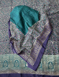 Purple and Green Kalamkari Print Handloom Maheshwari Silk with Zari Weaving Border Unstitched Suit - Kalamusk LCA074