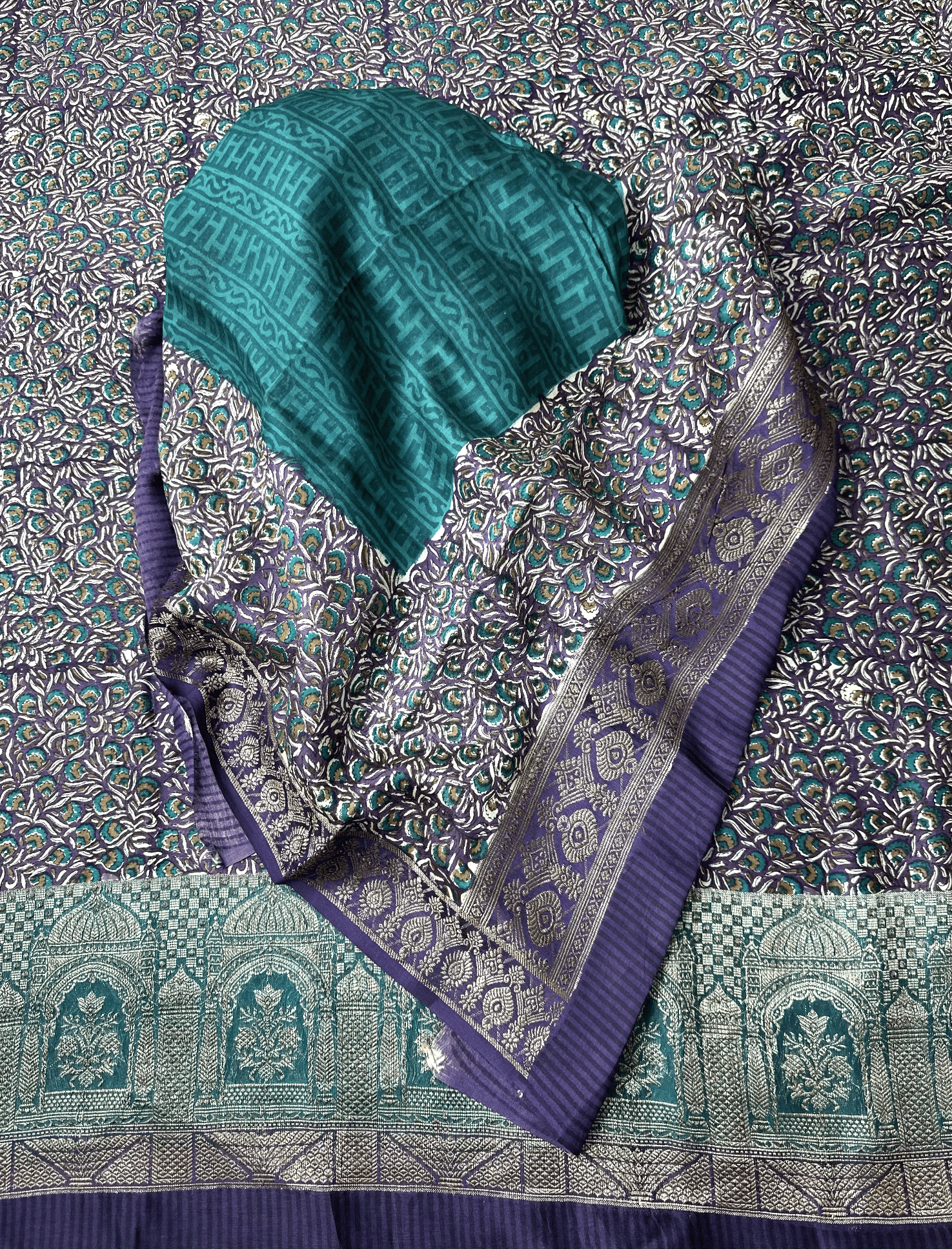Purple and Green Kalamkari Print Handloom Maheshwari Silk with Zari Weaving Border Unstitched Suit