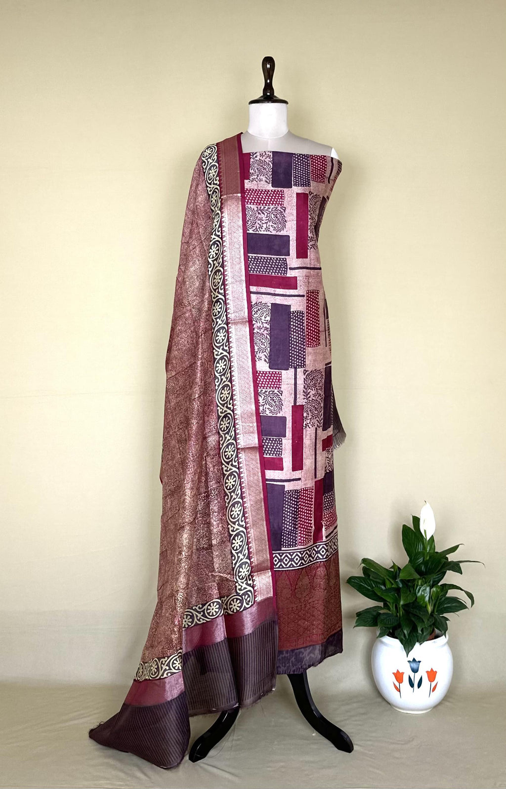 Navy Blue with Rama Green Hand Block Print with Zari Border Unstitched Suit - Kalamusk LCA075 image 2