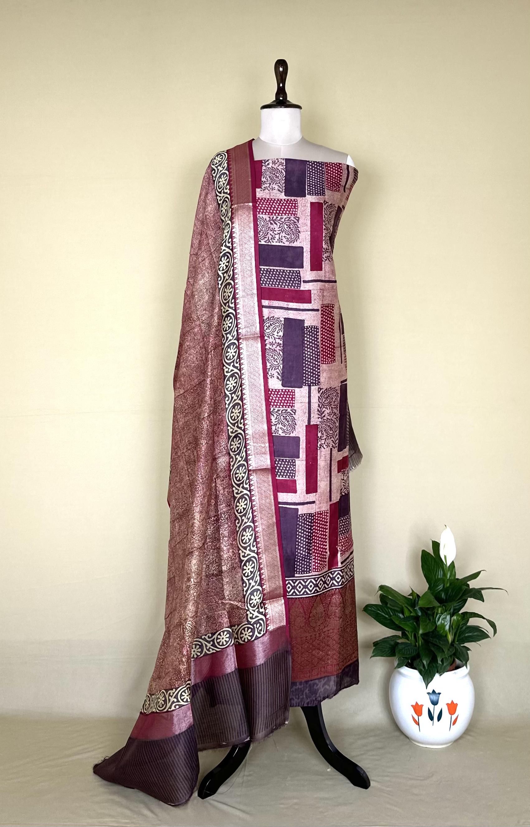Navy Blue with Rama Green Hand Block Print with Zari Border Unstitched Suit - Kalamusk LCA075 image 2