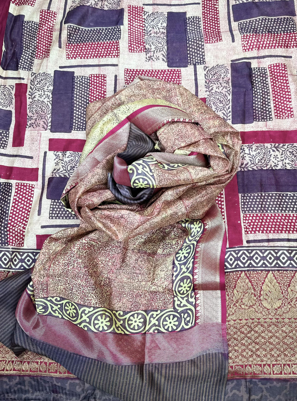 Navy Blue with Rama Green Hand Block Print with Zari Border Unstitched Suit - Kalamusk LCA075