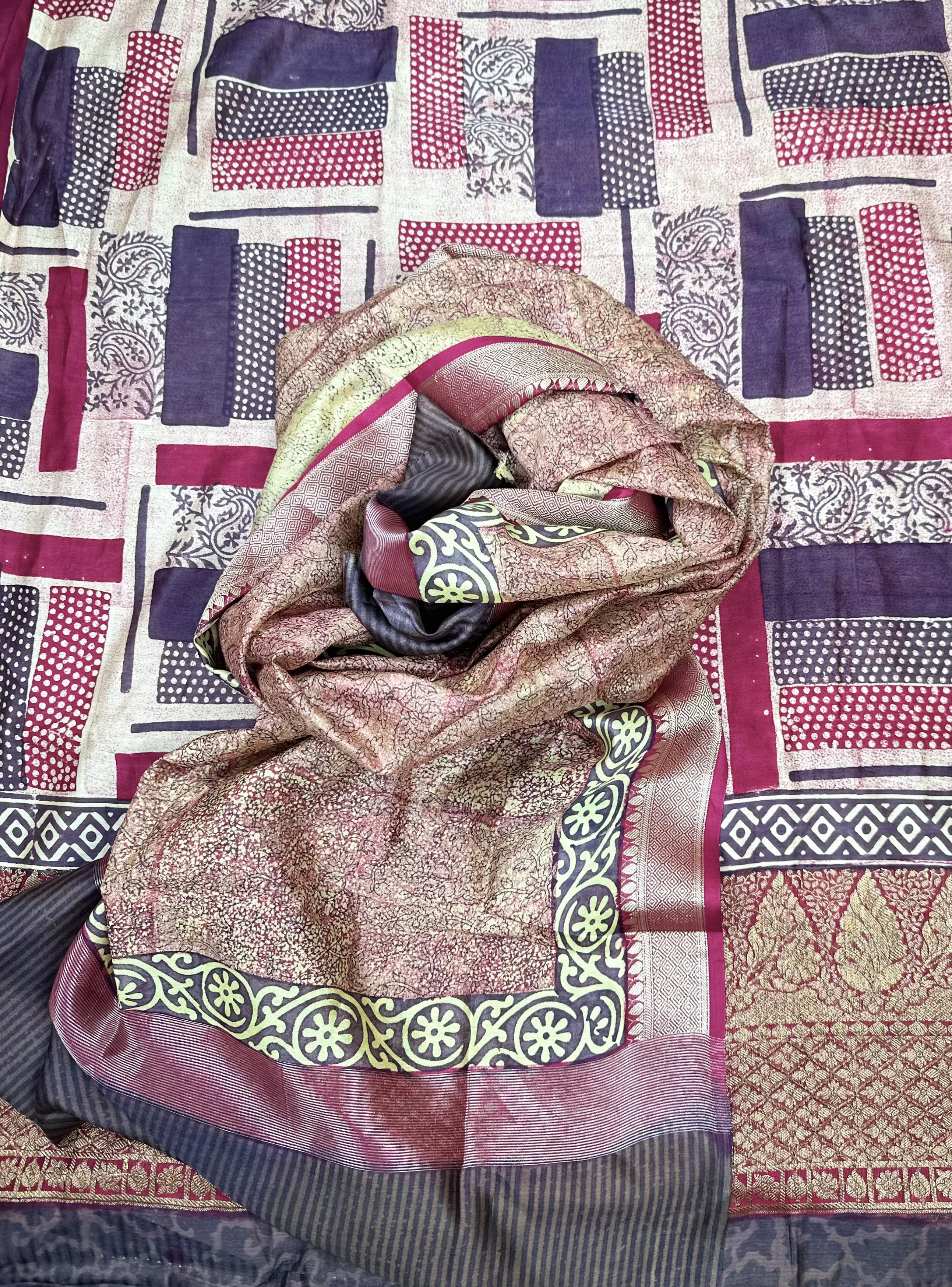 Navy Blue with Rama Green Hand Block Print with Zari Border Unstitched Suit - Kalamusk LCA075