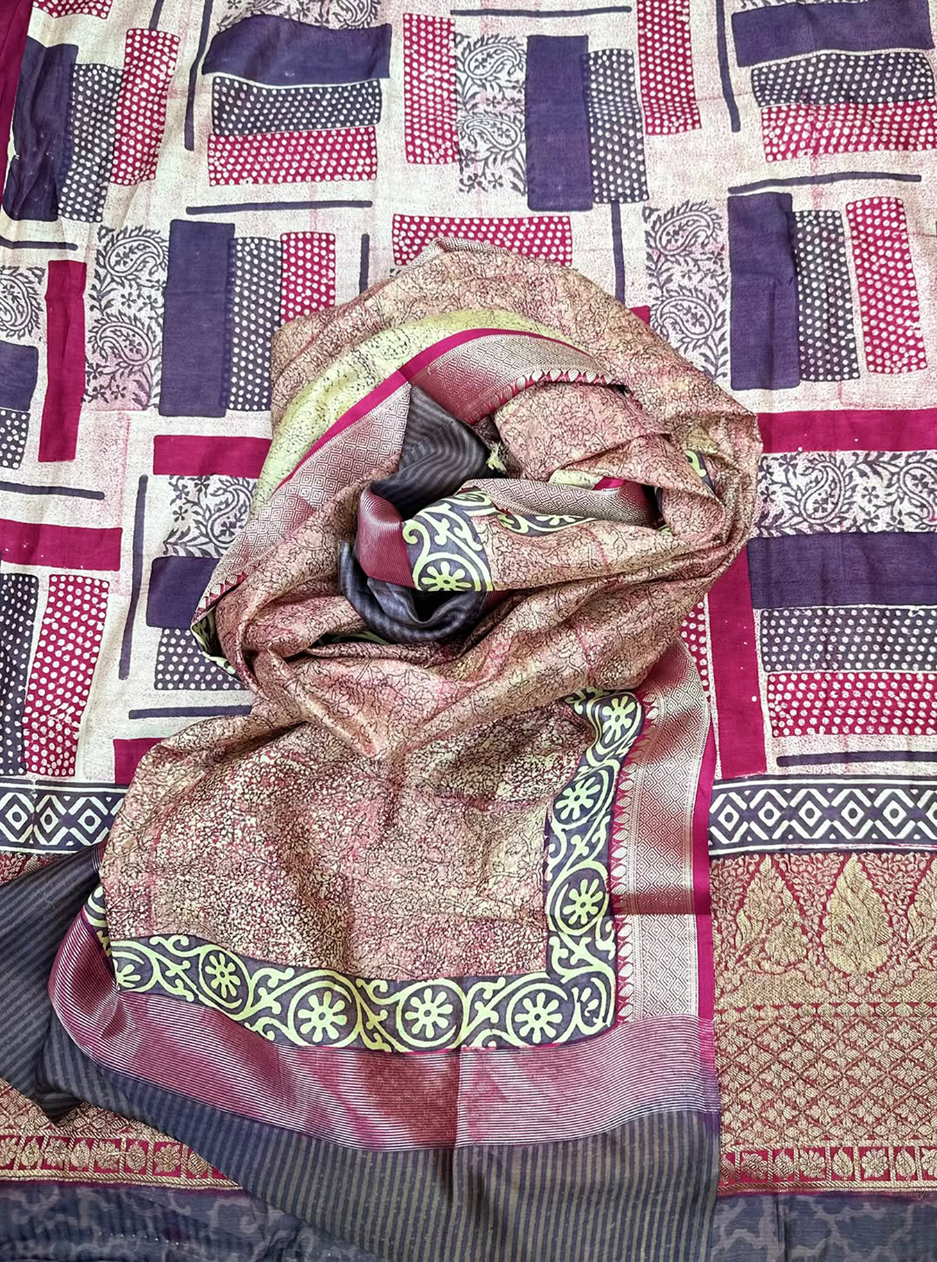 Navy Blue with Rama Green Hand Block Print with Zari Border Unstitched Suit