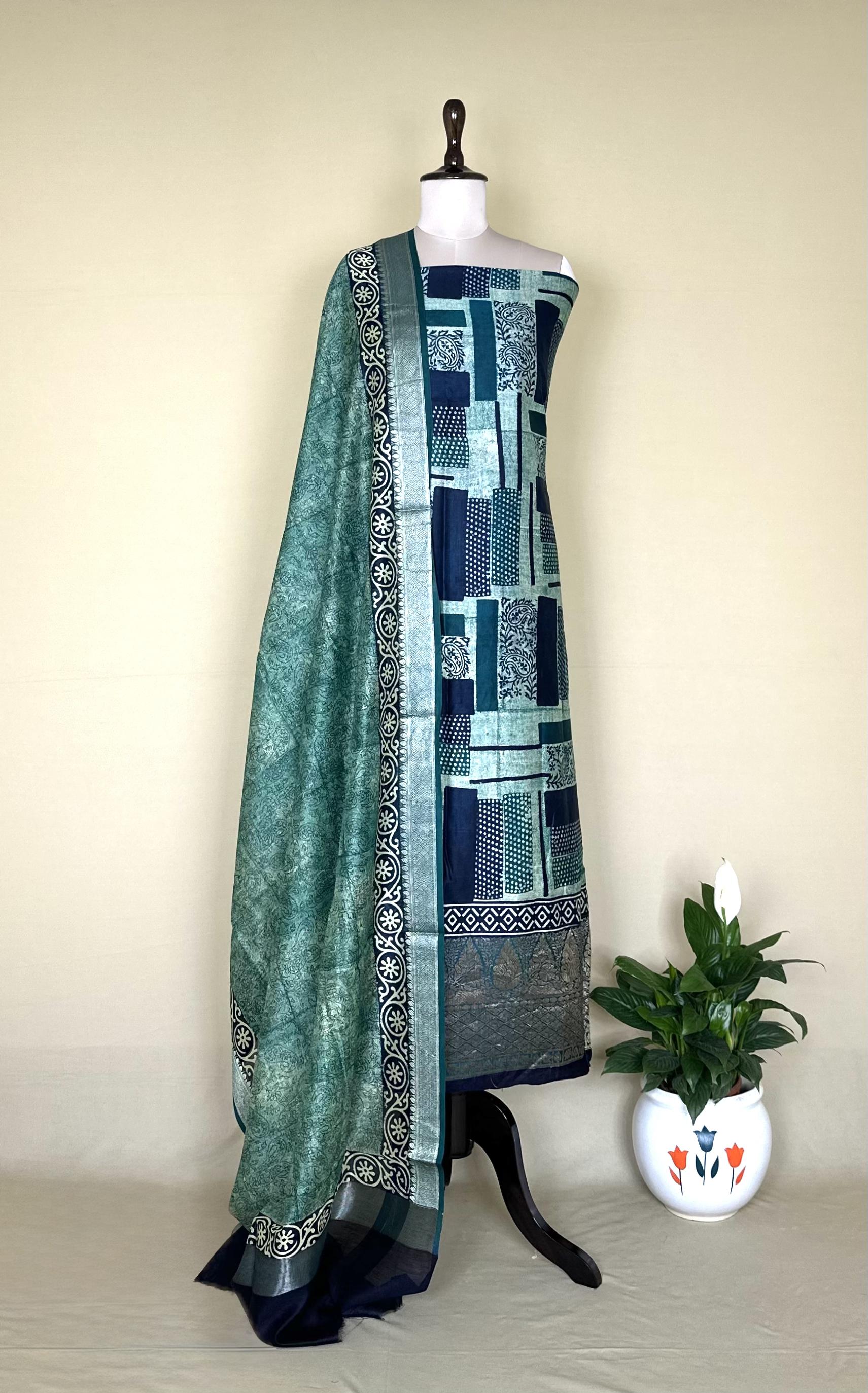 Maroon and Purple Hand Block Print with Zari Border Unstitched Suit - Kalamusk LCA077