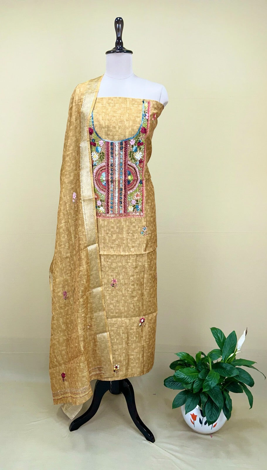 Mustard Printed Chanderi Silk Hand Embroidered Unstitched Suit