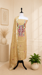 Mustard Printed Chanderi Silk Hand Embroidered Unstitched Suit