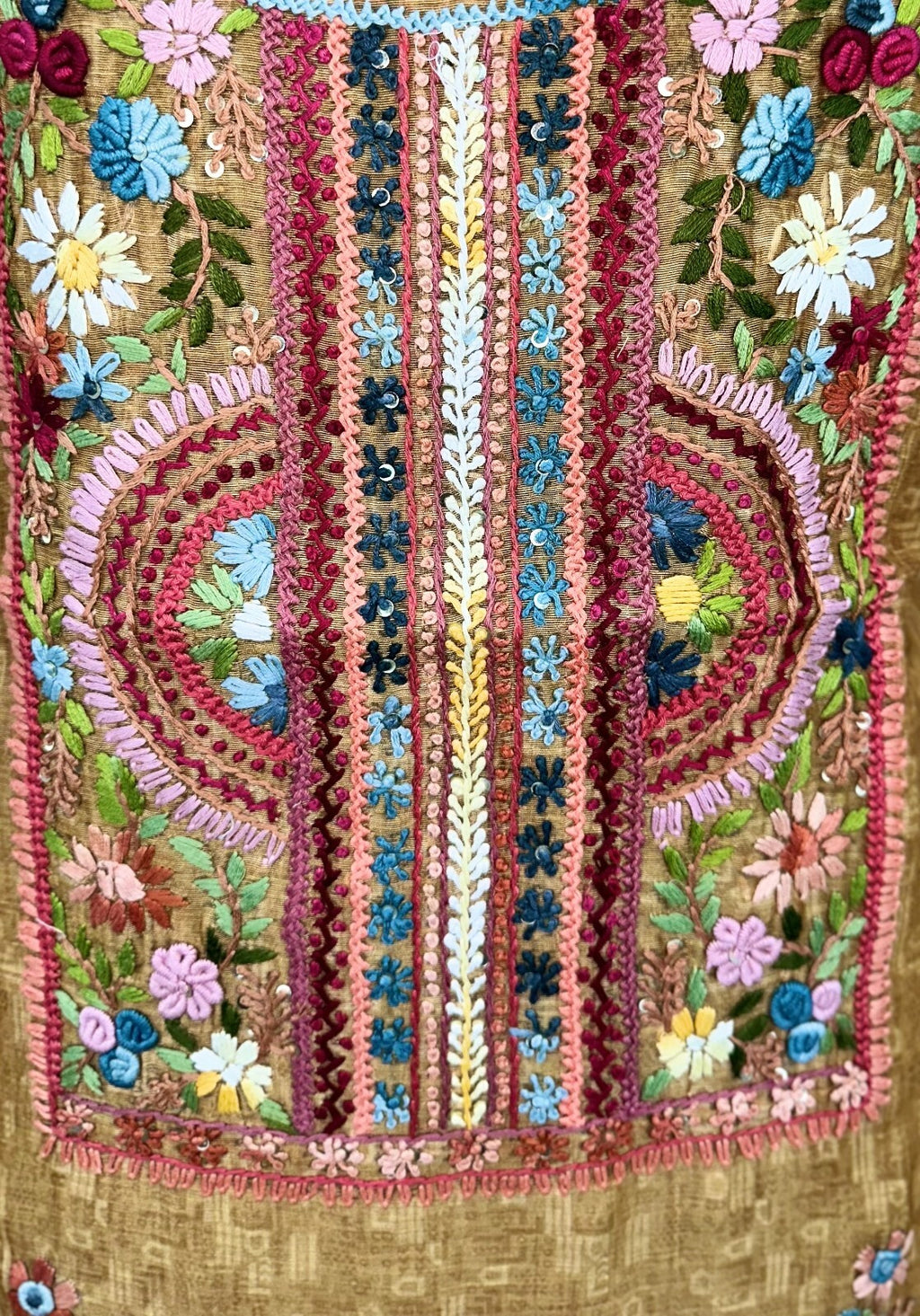 Mustard Printed Chanderi Silk Hand Embroidered Unstitched Suit