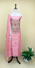 Pink Printed Chanderi Silk Hand Embroidered Unstitched Suit