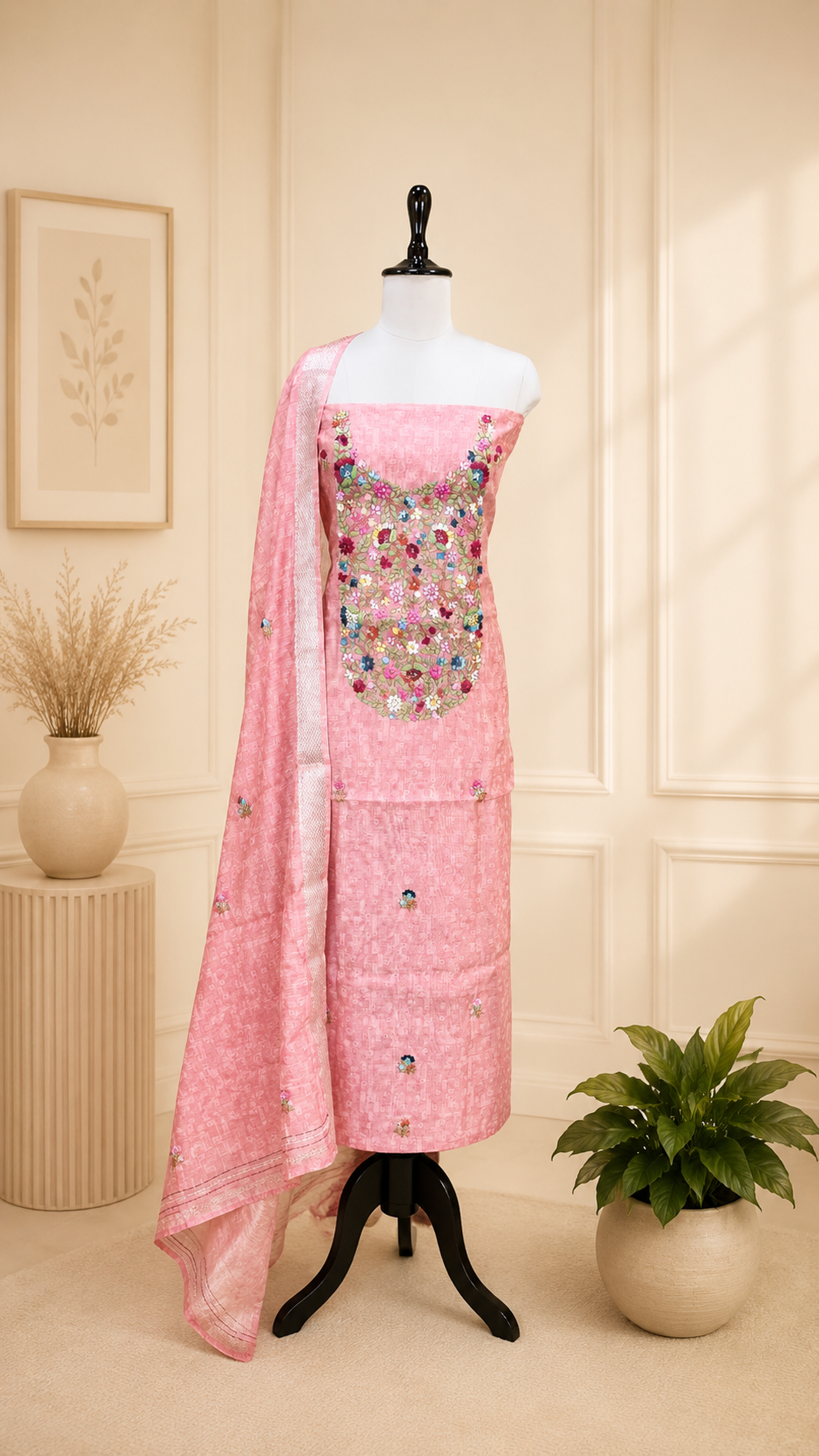 Pink Printed Chanderi Silk Hand Embroidered Unstitched Suit