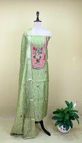 Green Printed Chanderi Silk Hand Embroidered Unstitched Suit