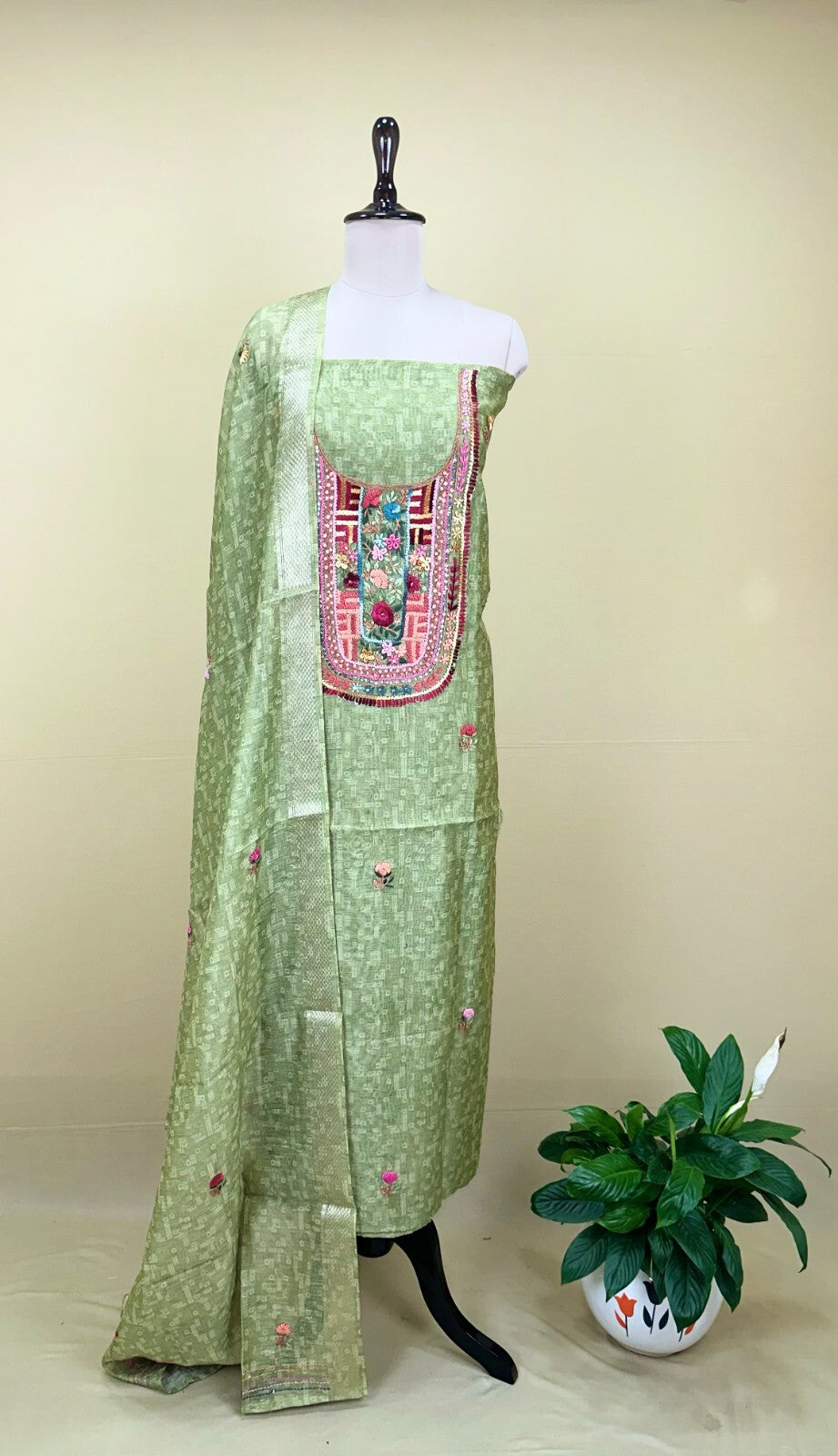 Green Printed Chanderi Silk Hand Embroidered Unstitched Suit