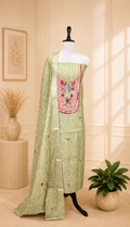 Green Printed Chanderi Silk Hand Embroidered Unstitched Suit