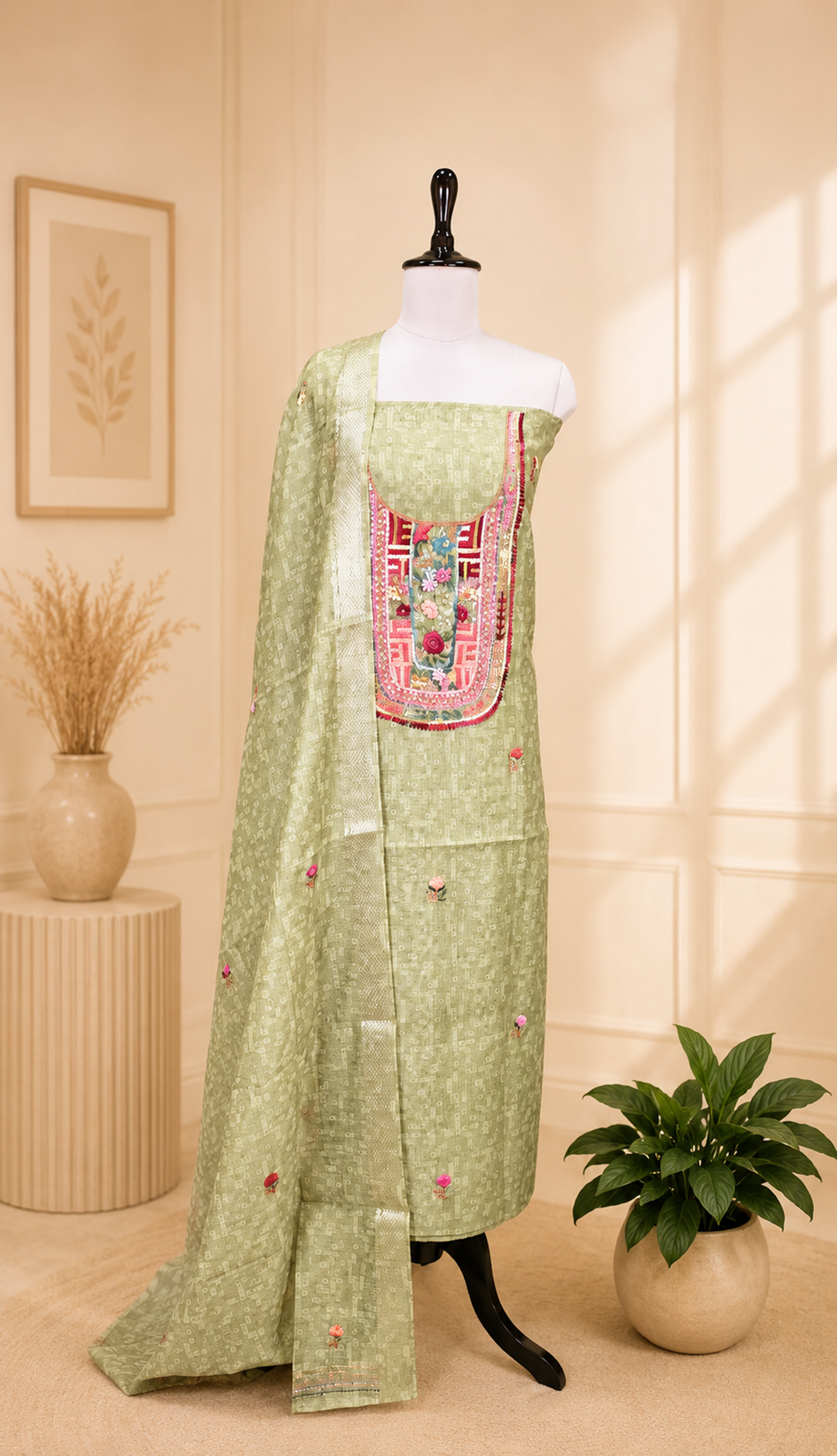 Green Printed Chanderi Silk Hand Embroidered Unstitched Suit