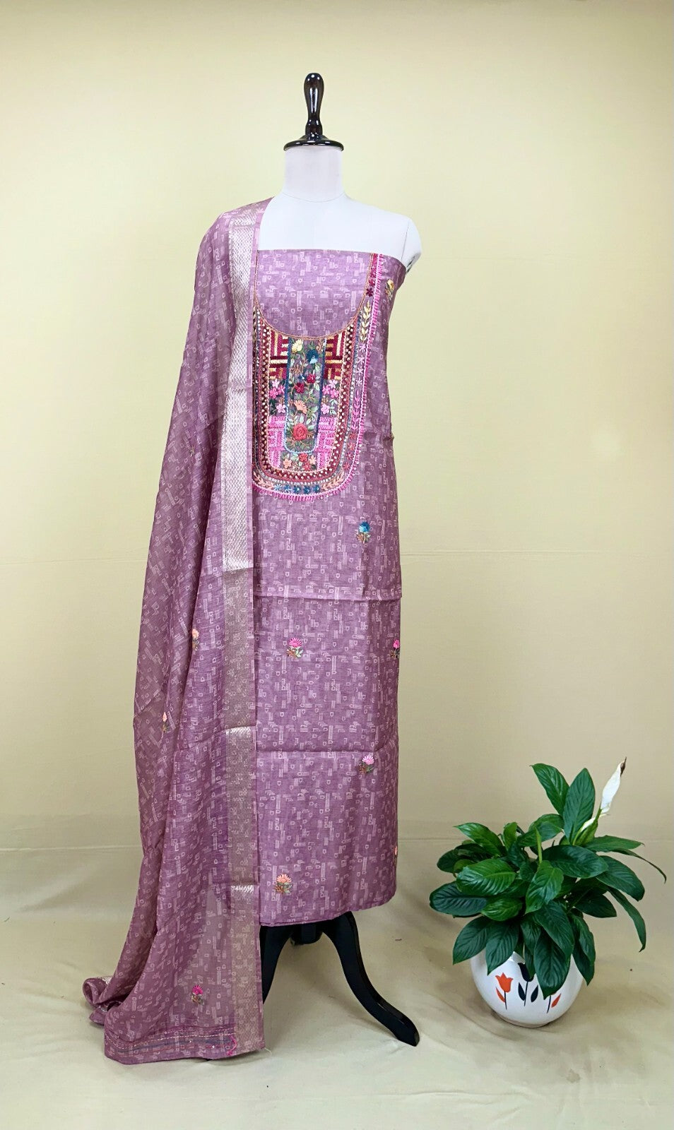 Wine Printed Chanderi Silk Hand Embroidered Unstitched Suit