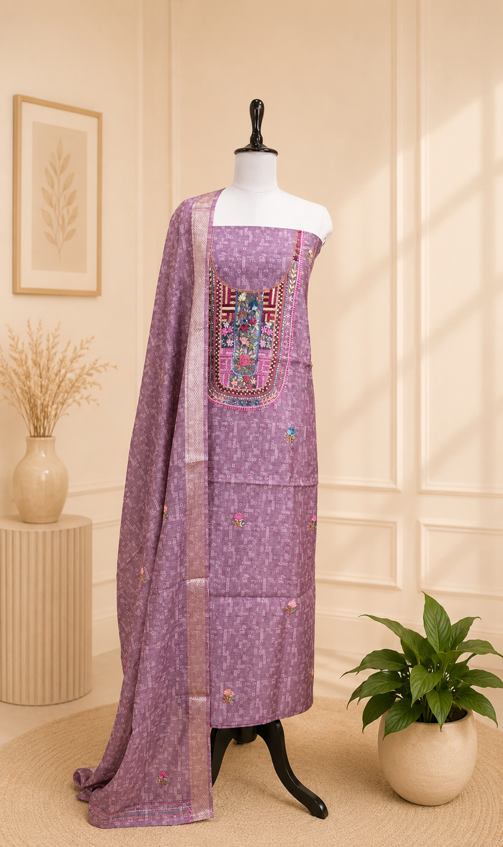 Wine Printed Chanderi Silk Hand Embroidered Unstitched Suit