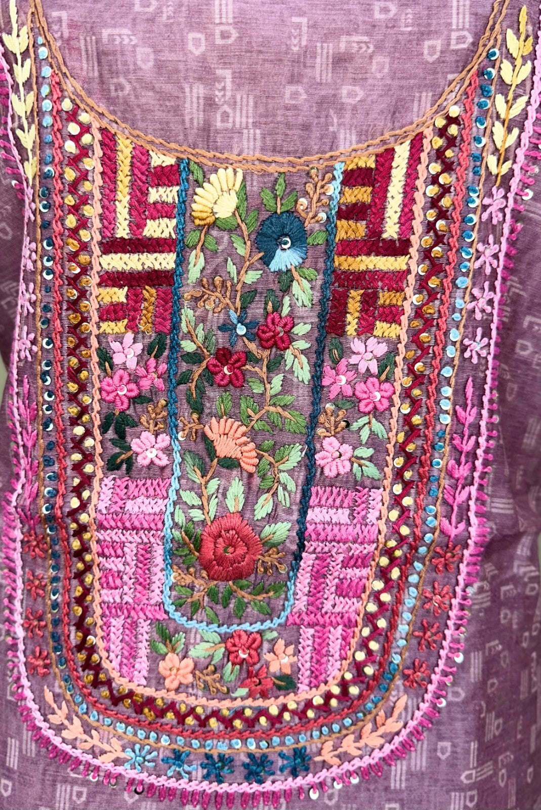 Wine Printed Chanderi Silk Hand Embroidered Unstitched Suit