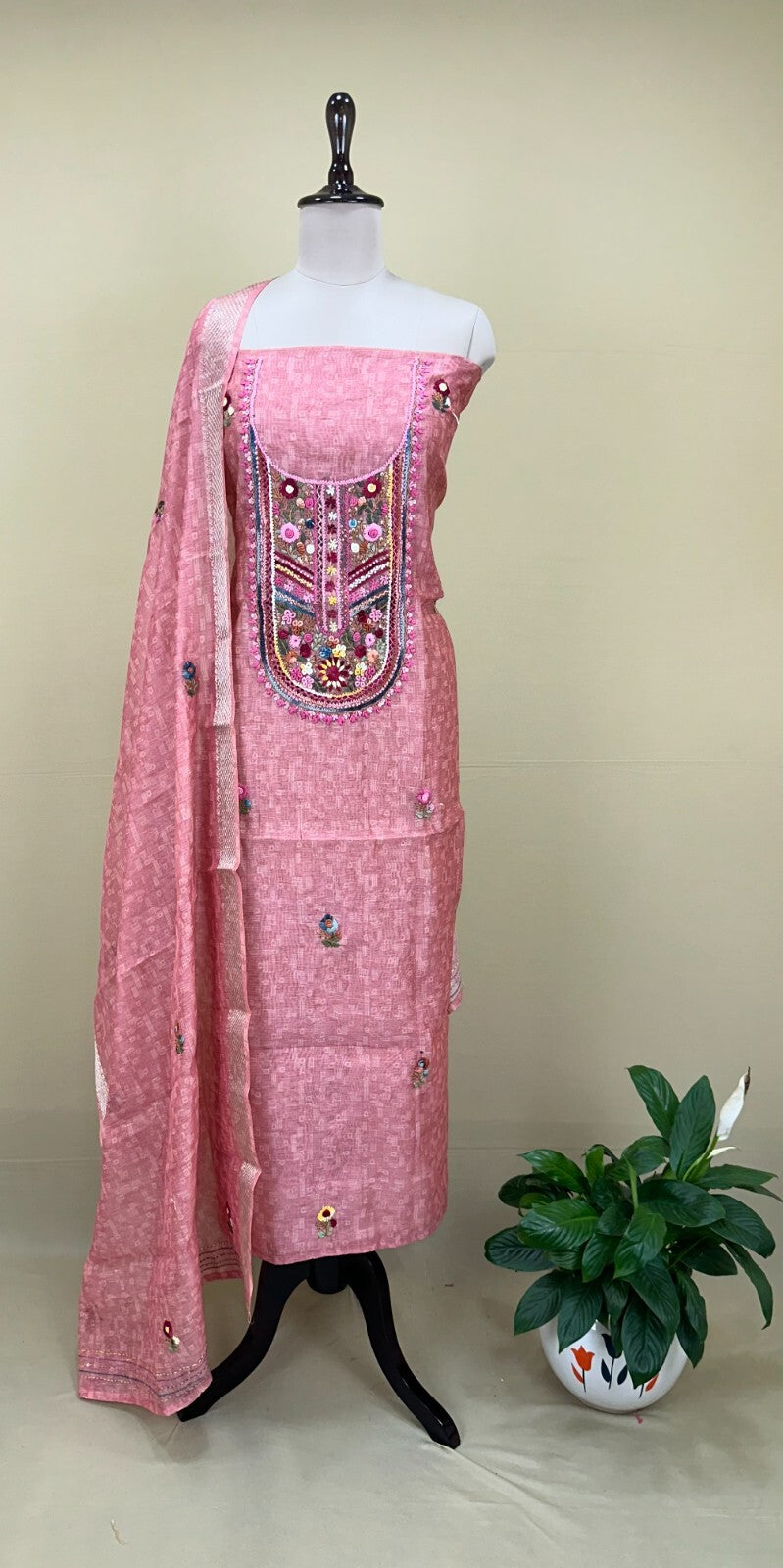 Pink Printed Chanderi Silk Hand Embroidered Unstitched Suit