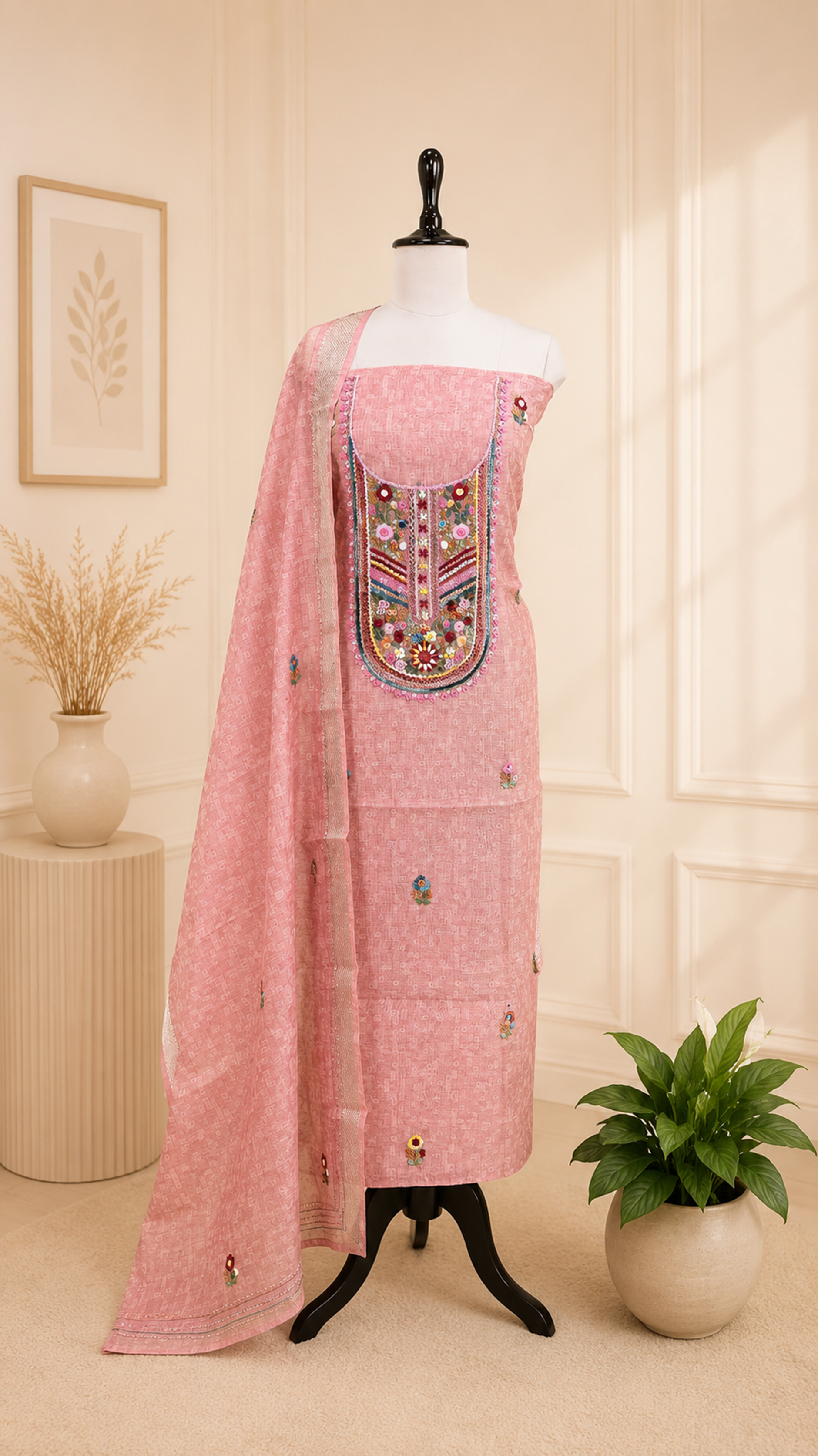 Pink Printed Chanderi Silk Hand Embroidered Unstitched Suit