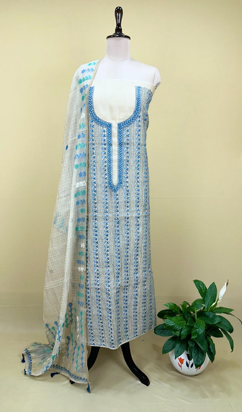 Beige Cotton Chanderi Kantha Blue Thread Hand Embroidery Unstitched Suit