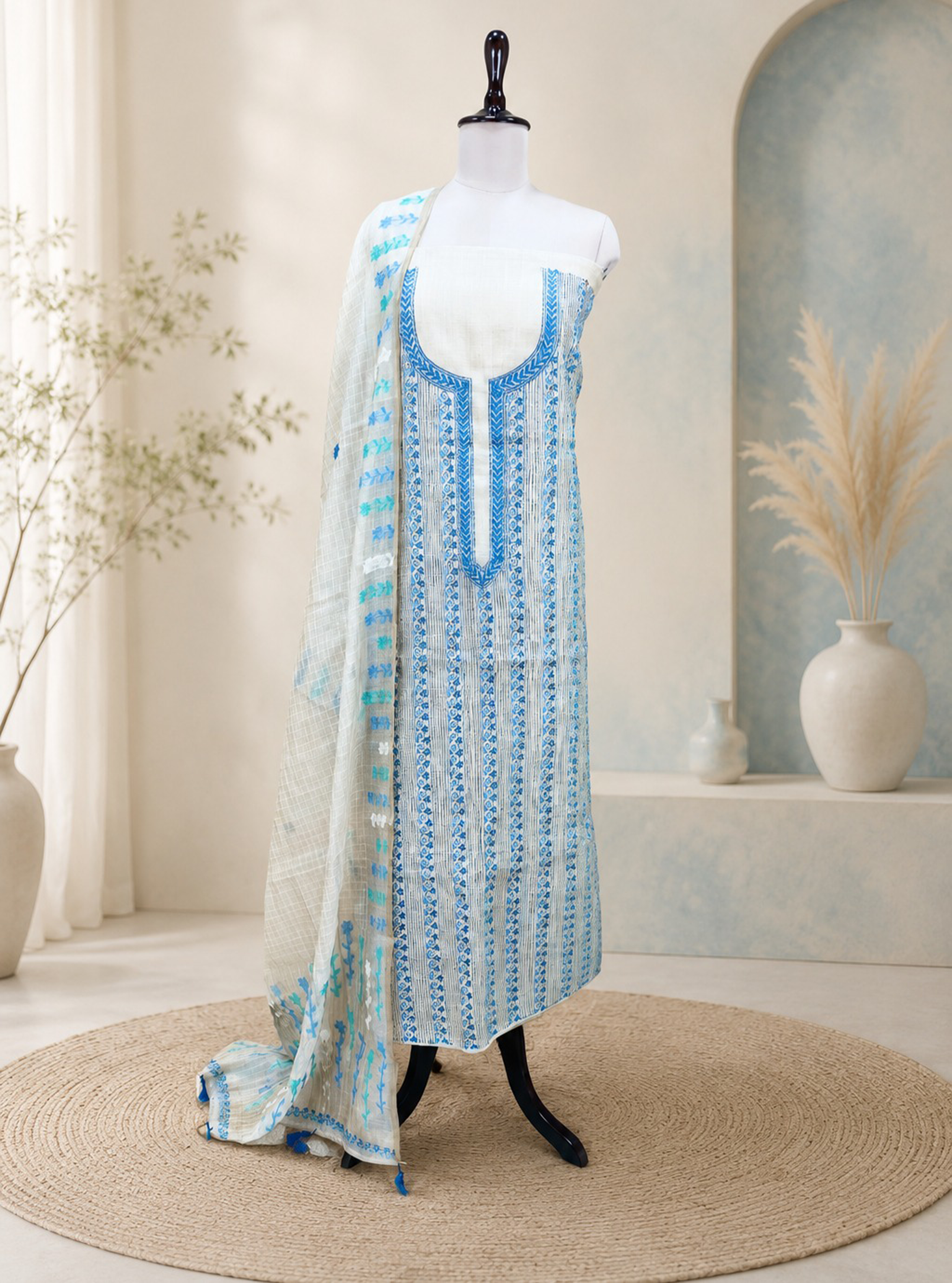 Beige Cotton Chanderi Kantha Blue Thread Hand Embroidery Unstitched Suit