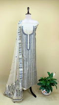 Beige Cotton Chanderi Kantha Grey Thread Hand Embroidery Unstitched Suit