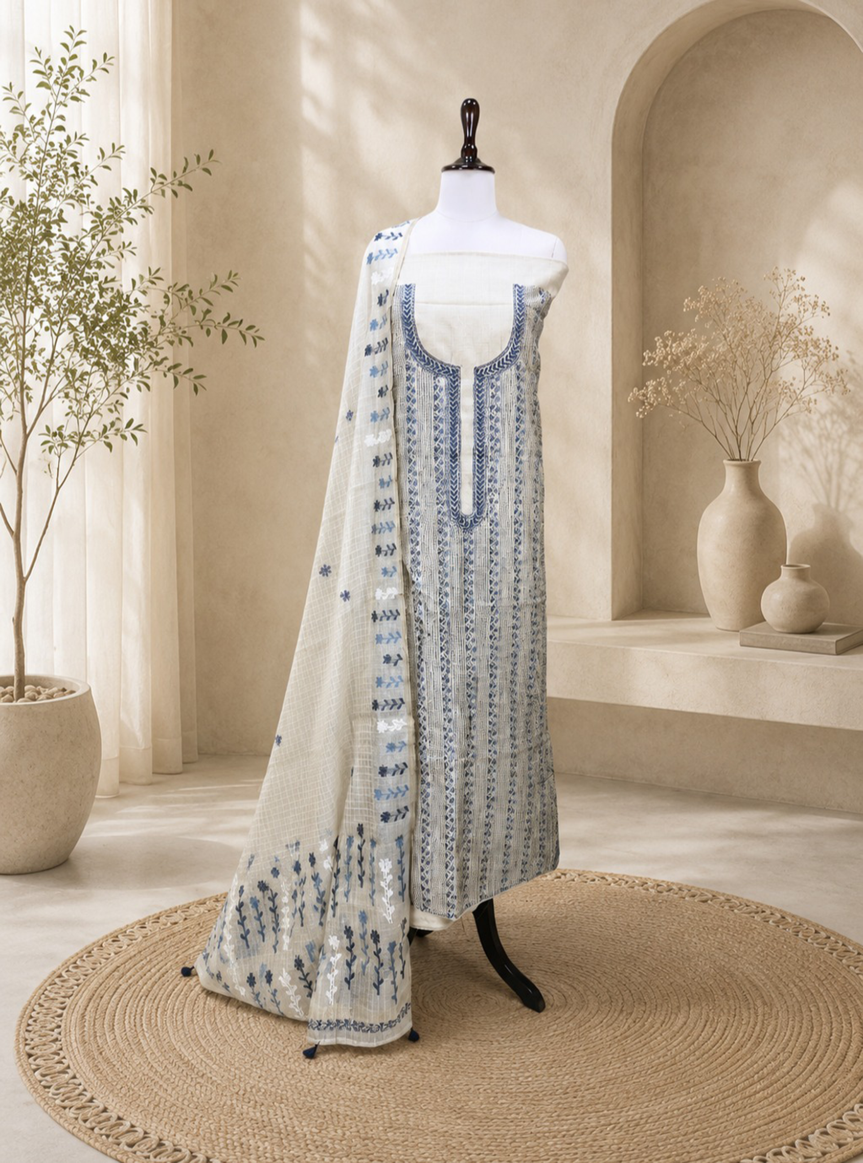 Beige Cotton Chanderi Kantha Grey Thread Hand Embroidery Unstitched Suit