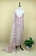 Beige Cotton Chanderi Kantha Pink Thread Hand Embroidery Unstitched Suit