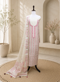 Beige Cotton Chanderi Kantha Pink Thread Hand Embroidery Unstitched Suit