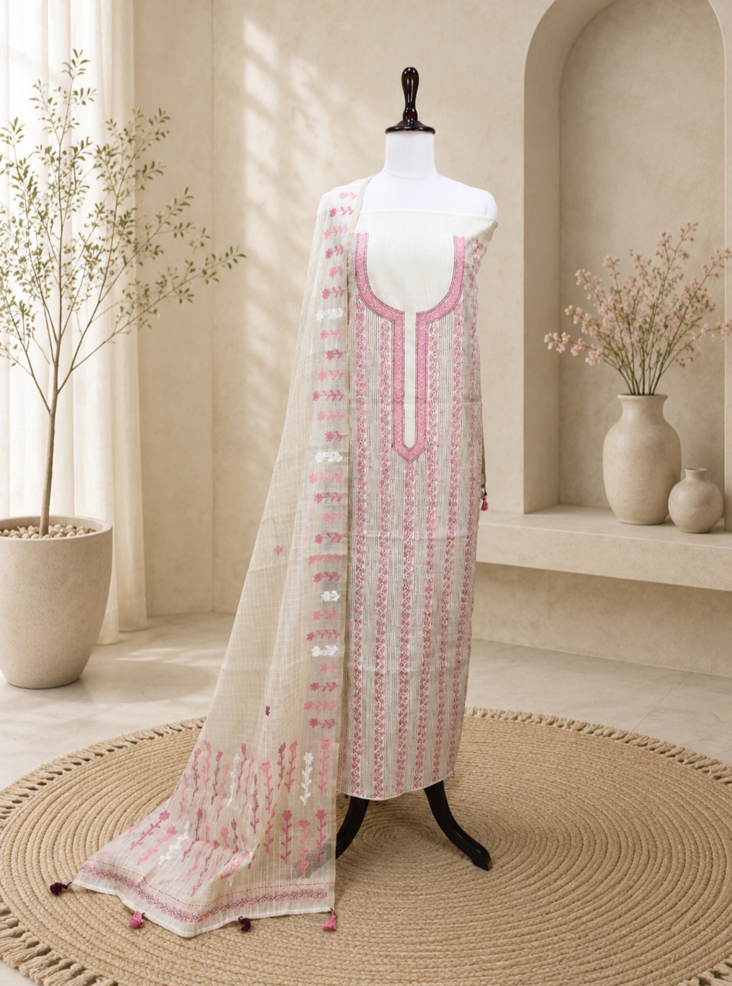Beige Cotton Chanderi Kantha Pink Thread Hand Embroidery Unstitched Suit