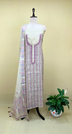 Beige Cotton Chanderi Kantha Purple Thread Hand Embroidery Unstitched Suit