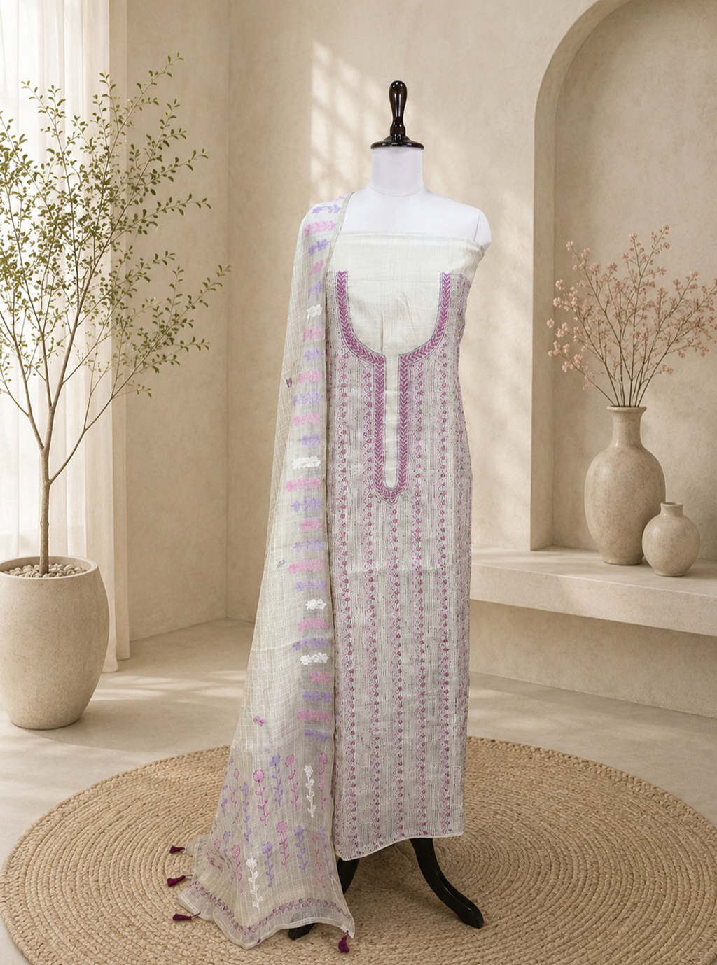 Beige Cotton Chanderi Kantha Purple Thread Hand Embroidery Unstitched Suit
