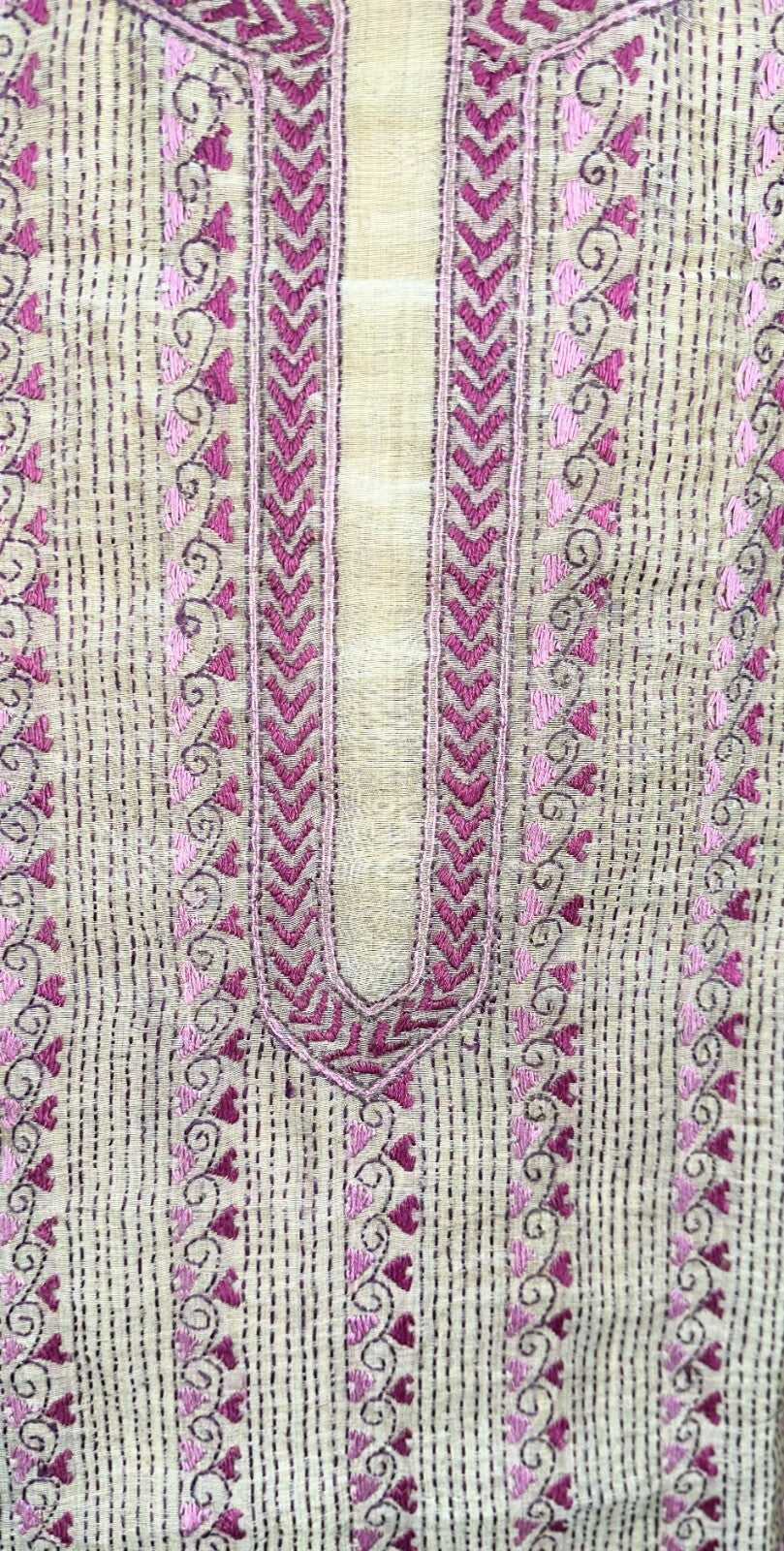 Beige Cotton Chanderi Kantha Purple Thread Hand Embroidery Unstitched Suit