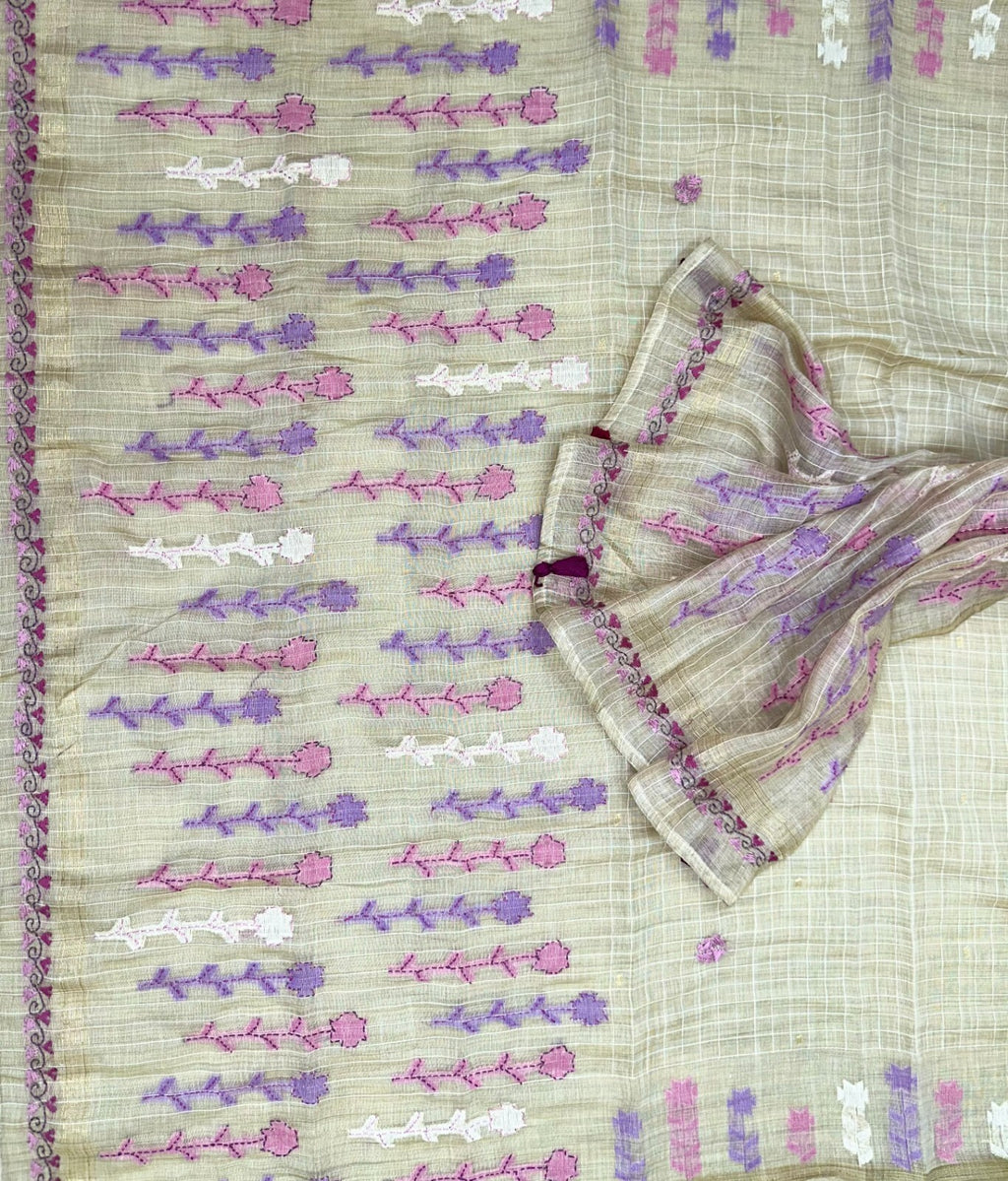 Beige Cotton Chanderi Kantha Purple Thread Hand Embroidery Unstitched Suit